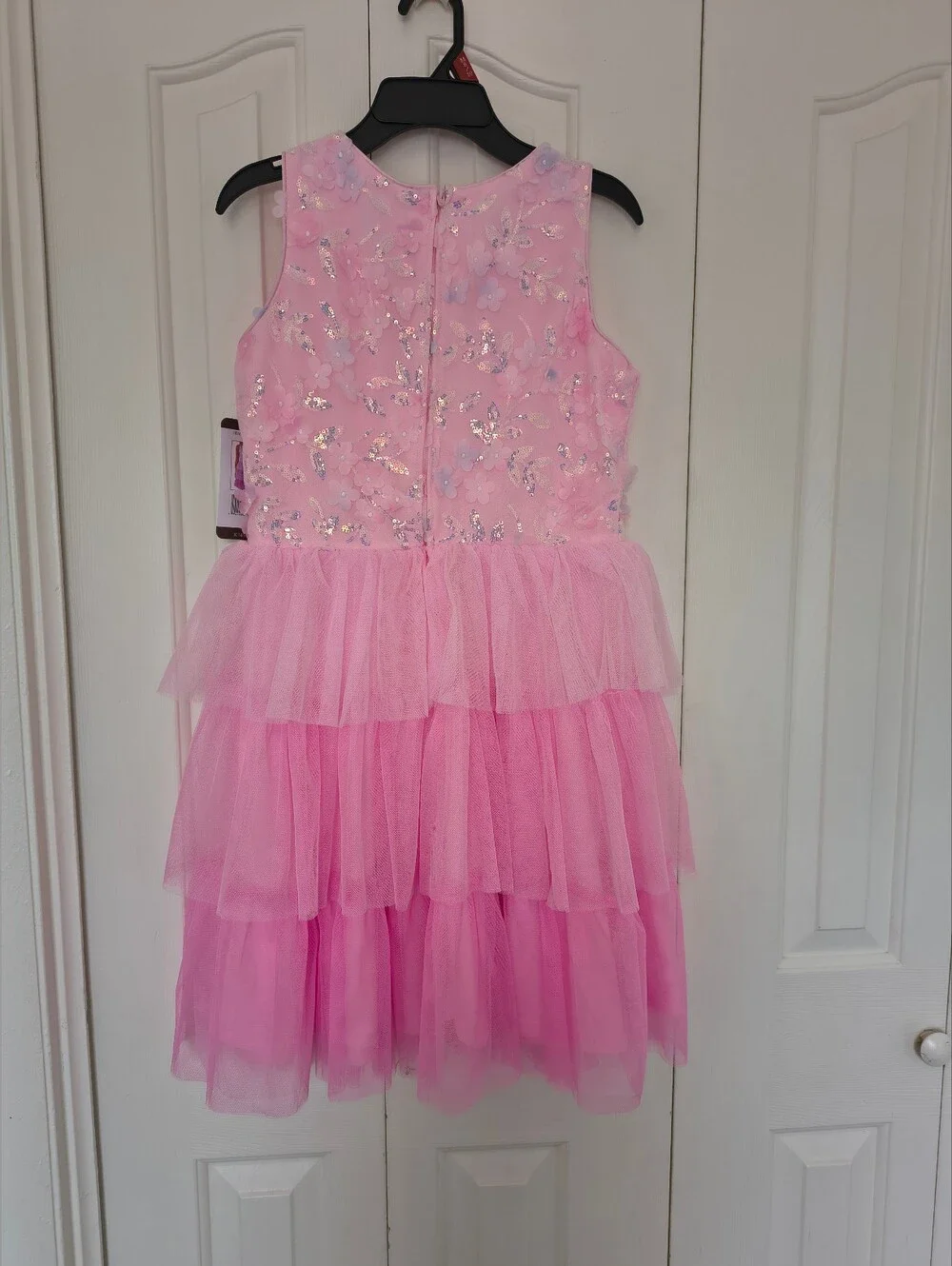Pink Sequined Floral Tiered Tulle Dress Size XL.